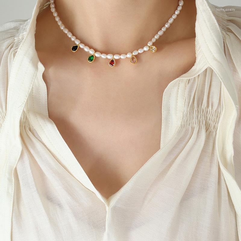 

Pendant Necklaces Stainless Steel Jewelry Natural Pearl Chain Necklace Crystal Water Drop Collar Waterproof Accessories Party Gift