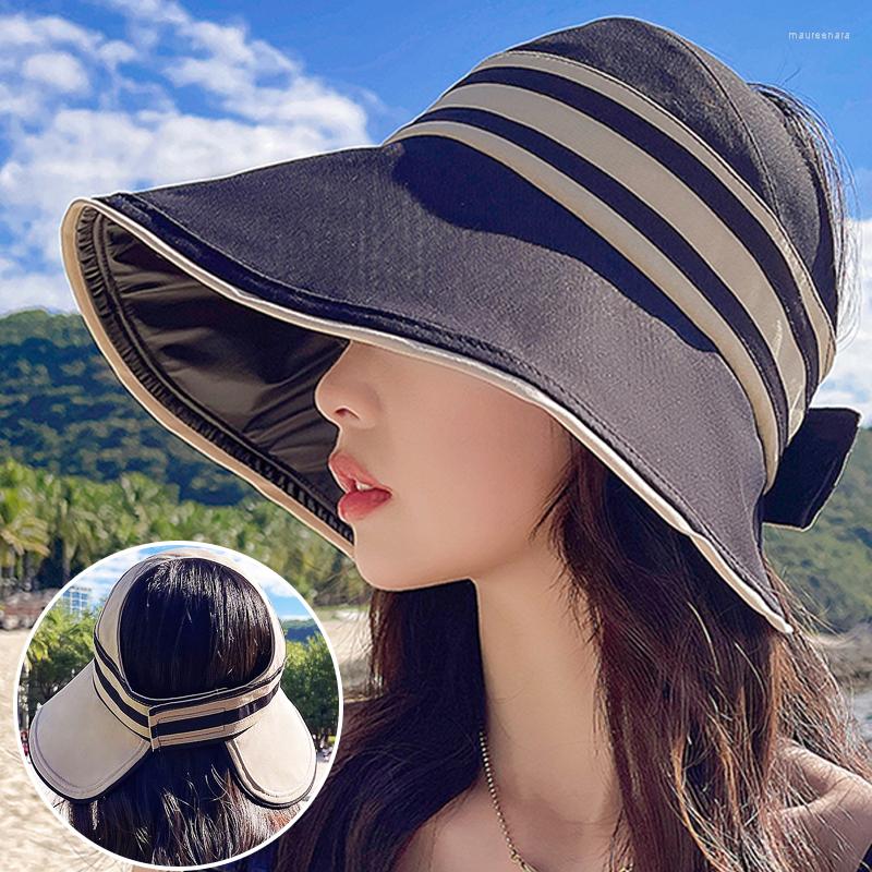 

Wide Brim Hats Summer Anti-UV Vinyl Fisherman's Women Stripes Foldable Sun Hat Outdoor Beach Large Eave Bow Face Covering, Khaki