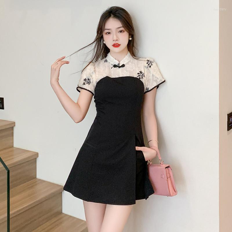 

Work Dresses 2023 Women Summer Chinese Style Two Pieces Set Improved Qipao Embroidery Dress And Shorts Outfits, Black set