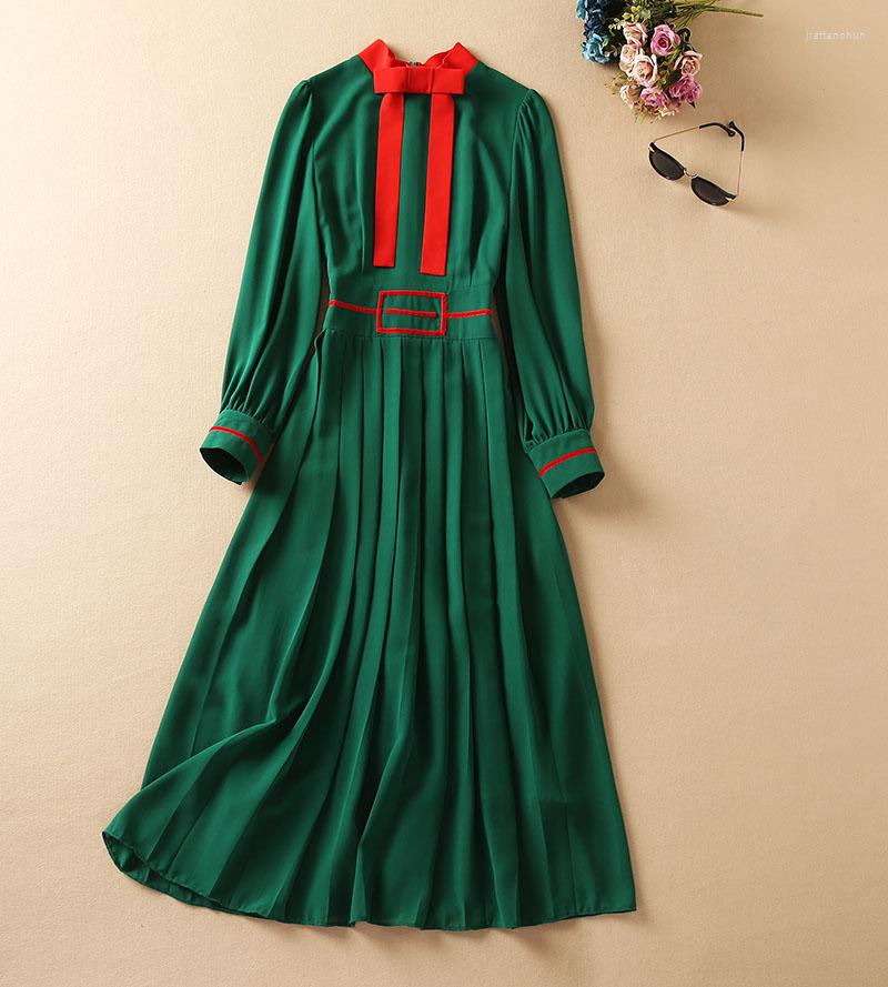 

Casual Dresses High Quality Silk Dress 2023 Spring Summer Clothing Women Bow Deco Red Color Block Long Sleeve Pleated Green, Picture shown