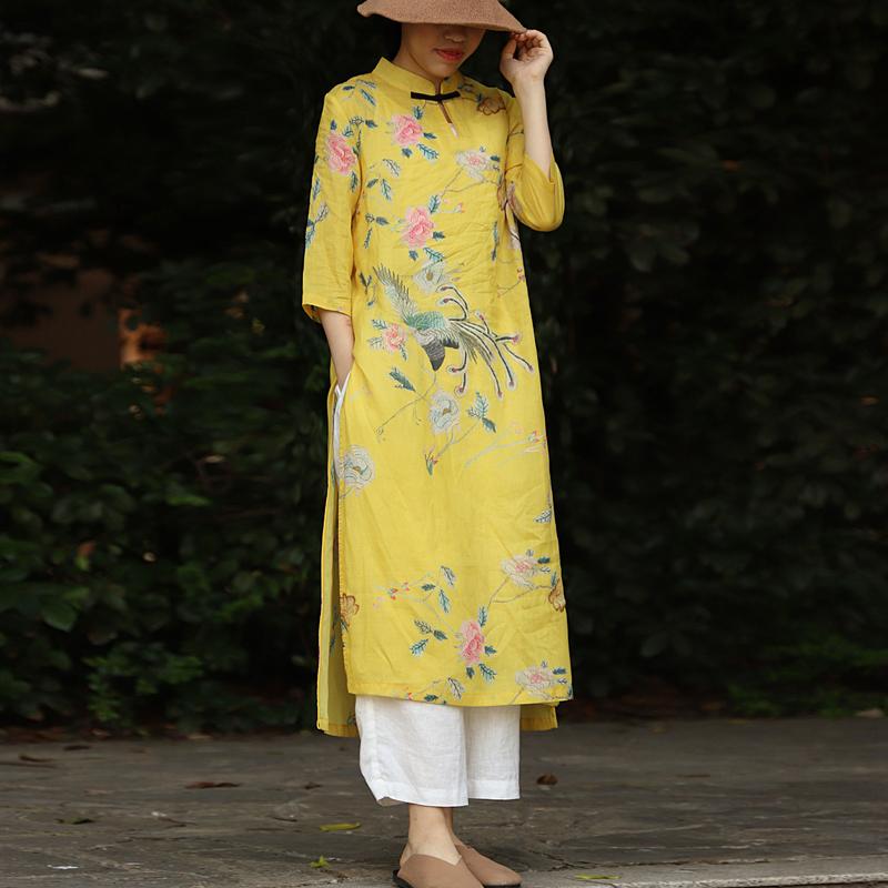 

Dresses Johnature Women Chinese Style Yellow Dresses Ramie Stand Seven Sleeve 2023 Spring New Print Floral Button Female Aline Dress