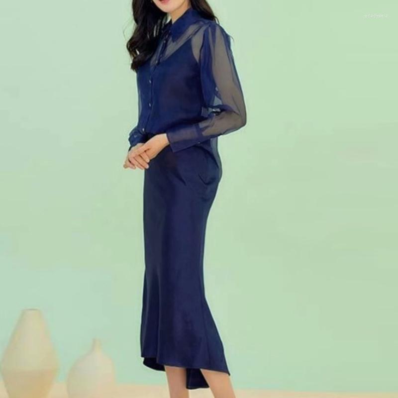 

Work Dresses HIGH QUALITY 2023 Summer Fashion Runway Designer Suit Set Women' Long Sleeve Shirt Skirt, Picture shown
