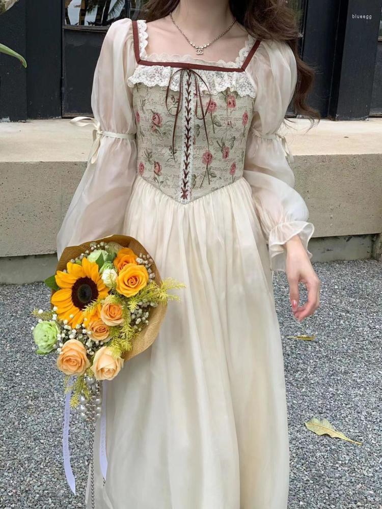 

Casual Dresses Fragmented Flower Dress Spring Lace Floral France Elegant Women' 2023 Small French Waist Show Slim Style Long, As photo