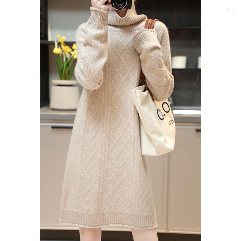 

Casual Dresses Autumn Winter Women' High Neck Thickened Wool Medium Length Knitted Dress Loose Versatile Knee Pure, Black