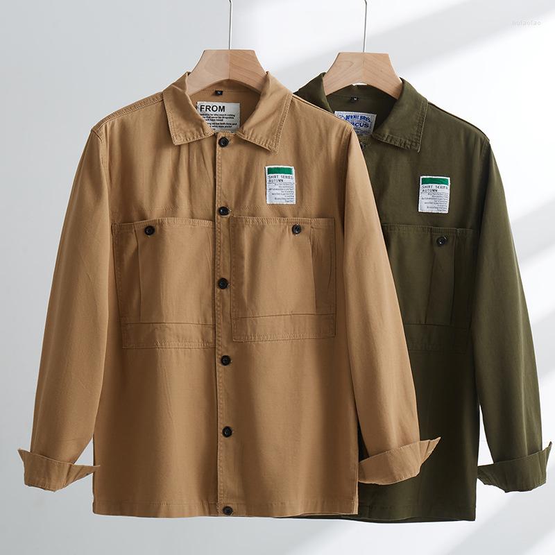 

Men's Casual Shirts Men's Pure Cotton Long Sleeve Work Shirt American Style Streetwear Loose Double Large Pocket Solid Color Cargo, Khaki