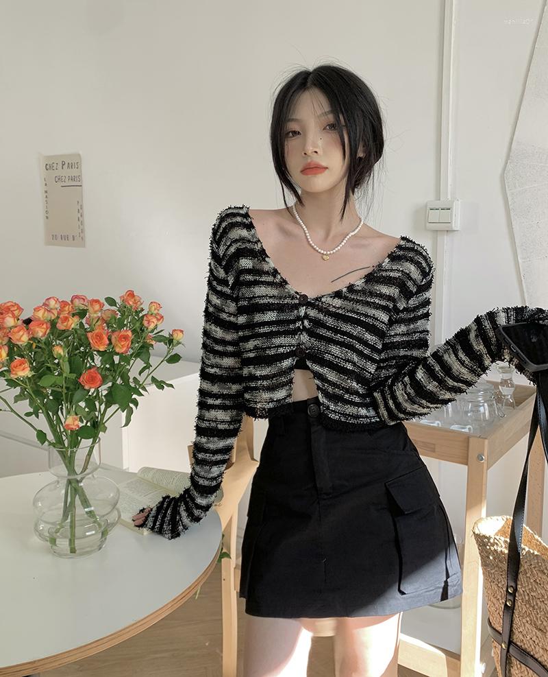 

Women's Knits Y2k Tops Cropped Cardigan Coat Women's Clothing V-neck Long Sleeve Tunic Sueter Pull Femme Fashion Knitted Thin Korean, Black