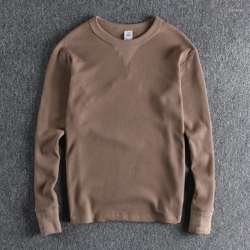 

Men's T Shirts Autumn And Winter American Retro Long Sleeve O-neck 260g Waffle Knitted T-shirt Men's Fashion Simple Casual Bottoming, Iron gray