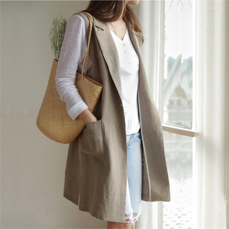 

Women's Suits Trendy Fad Summer Women's Blazers Casual Jacket Vest One Button Cotton And Linen Pockets Split Wild Midi Tops JKV8070, Blue