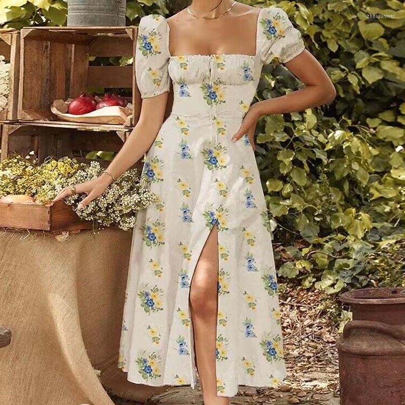 

Party Dresses French Style Floral Printed Slim Dress For Women Summer Sweet Slash Neck Split Ladies Elegant Puff Sleeve Robe 26716, Pink flowers
