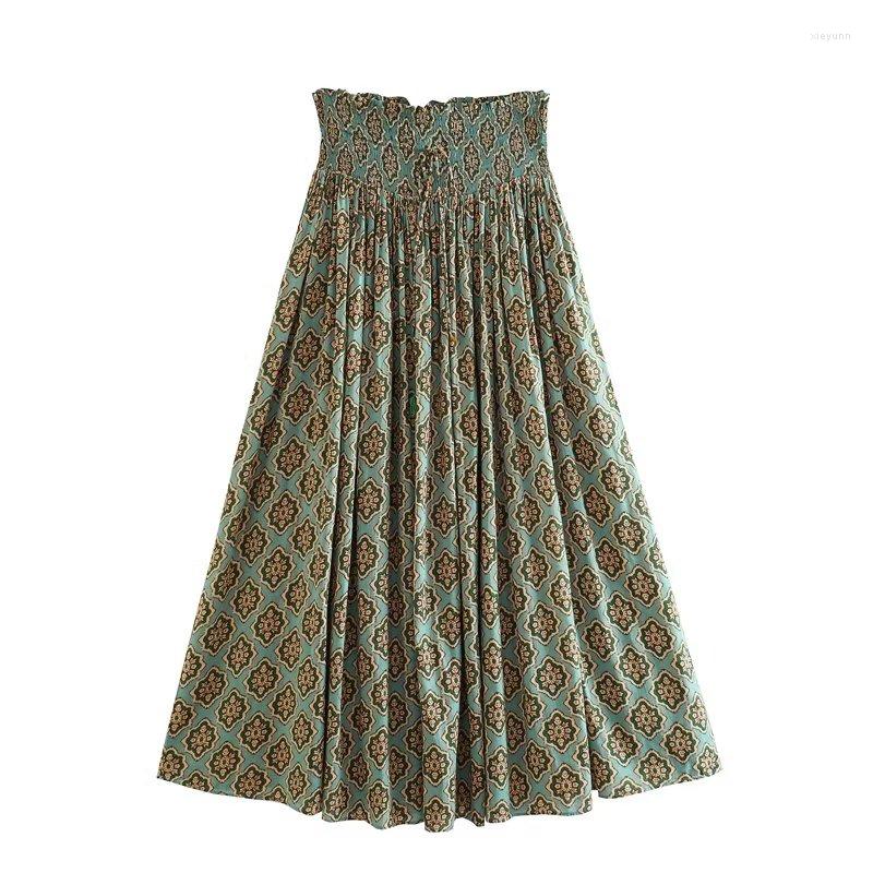 

Skirts Women 2023 Chic Fashion Summer Printing Midi Skirt Vintage High Elastic Waist Drawstring With Female, Green