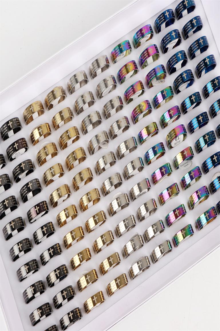 

Fashion Cross Jesus Bible Prayer Stainless Steel Rings For Women Men Simple Mix Style Color Whole 50PcsLot2794142