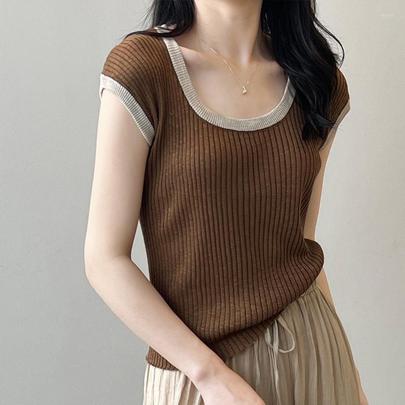 

Women's T Shirts 2023 Summer Women's T-Shirt Contrast Color U Neck Knitted Short Sleeve Slim Fit Pit Striped Bottom Top D7407, Green