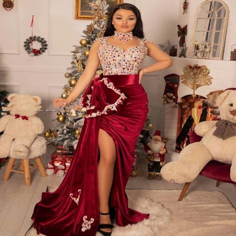 

Luxury High Neck Burgundy Vevet Mermaid Evening Dresses 2022 Coloful Side Split Crystal Beading Formal Party Dress Prom Gowns3284958, Brown