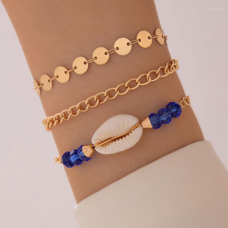 

Bangle HuaTang Leisure Beach Style Blue Woven Handstring Set Shell Sequin Women's Bracelet Three Piece
