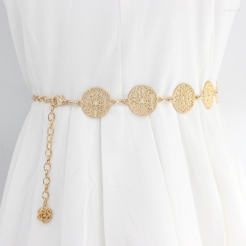 

Belts Elegant Round Metal Belt For Women Retro Gold Silver Carved Hollow Out Chain Long Dress Decorative Lady Waistband