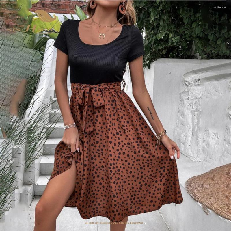 

Party Dresses SISHION Black Green Coffee Polka Dot Patchwork Vintage 60s Dress 2023 Retro Casual Lace Up O-Neck A Line Midi SR0127
