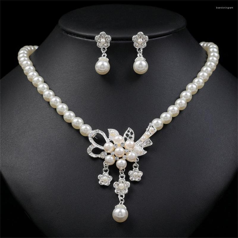 

Necklace Earrings Set Charming White Pearl Flower Dangle Collar Earring Wedding Jewelry Woman's Elegant Bridal Banquet Valentine's, Picture shown