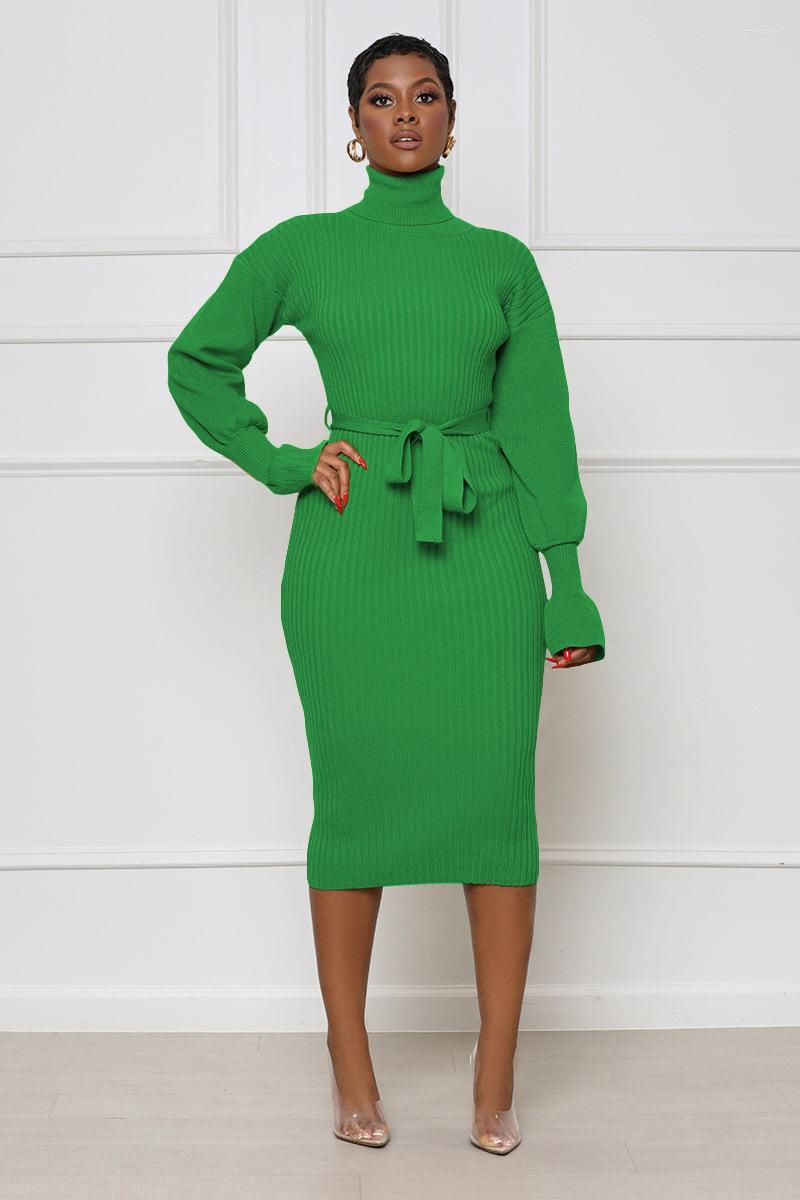 

Casual Dresses Ribbed Knit Turtleneck Midi Dress Skinny Hip Lantern Sleeve With Belt African Elegant For Women Office Ladys Outifits, Black