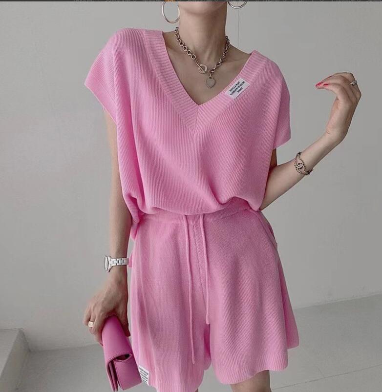 

Women's Tracksuits 2023 Summer New Fashion V-neck Loose Short Sleeve Knitwear Casual Shorts Women's Two Piece Set