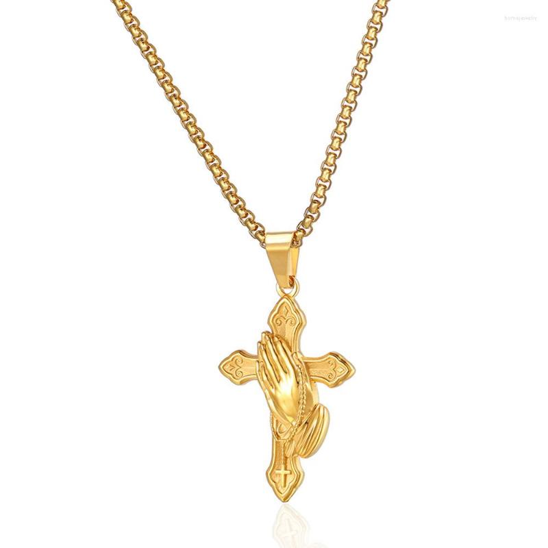

Pendant Necklaces Fashion Hand Of Prayer Cross Necklace For Men Stainless Steel Link Religious Male Jewelry