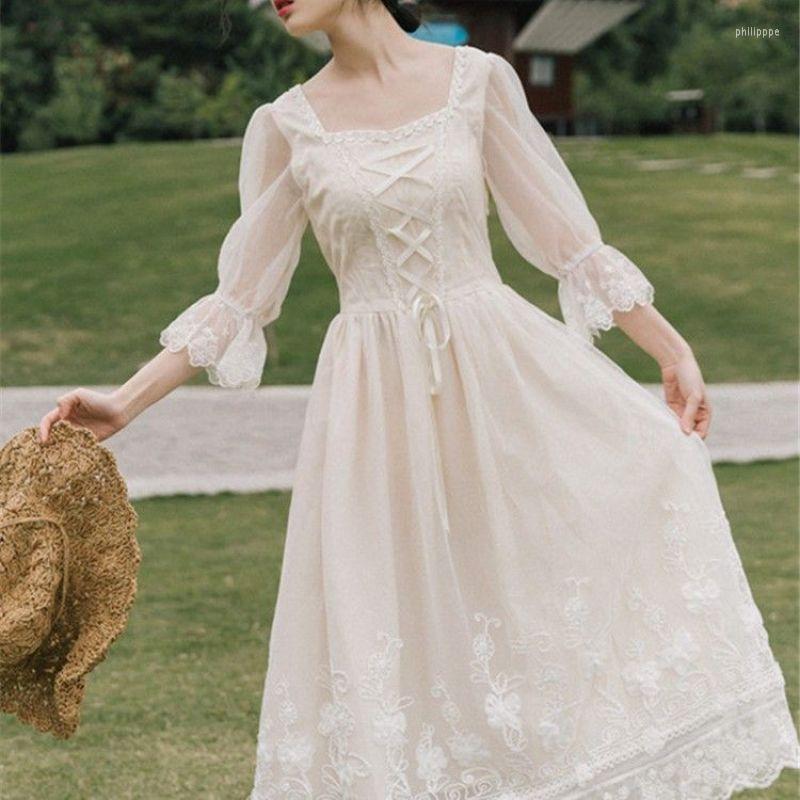 

Casual Dresses 2023 Spring Fairy Literature Gentle French Vintage Square Neck Super Kikyo Dress Elegant Women's White