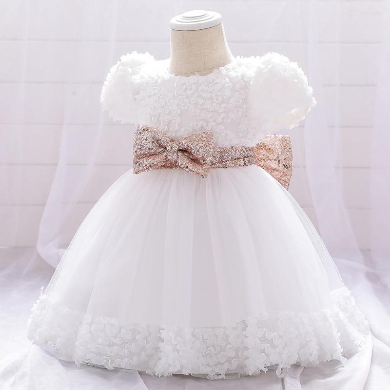 

Girl Dresses LZH 2023 Baby Wedding Birthday Party Dress Sequined Bowknot Belt Tutu Flower Short Sleeve Princess Born Clothing, White