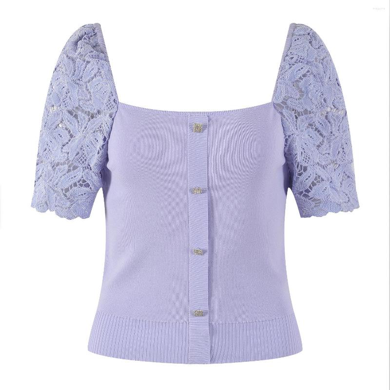 

Women' T Shirts Women Knitted Crop Top Female Button Up Tees Cute Tube Square Collar Puff Sleeve Highstreet 2023 Summer Korean Lady Clothes, Purple