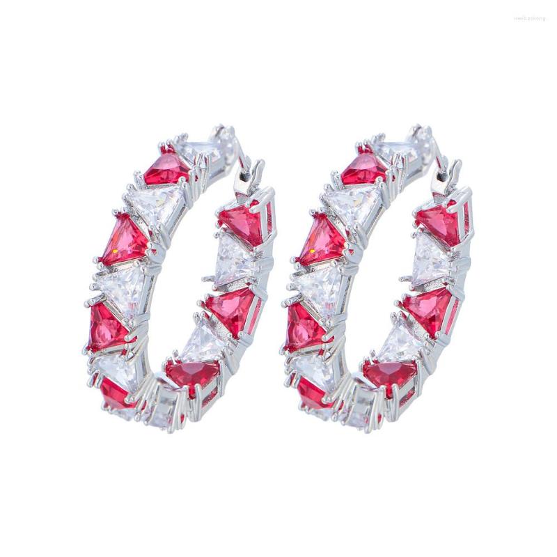 

Hoop Earrings CWWZircons 5A Top Sparkling Triangle Red Cubic Zirconia Paved Chic Double Sided Circle Round CZ For Women CZ579