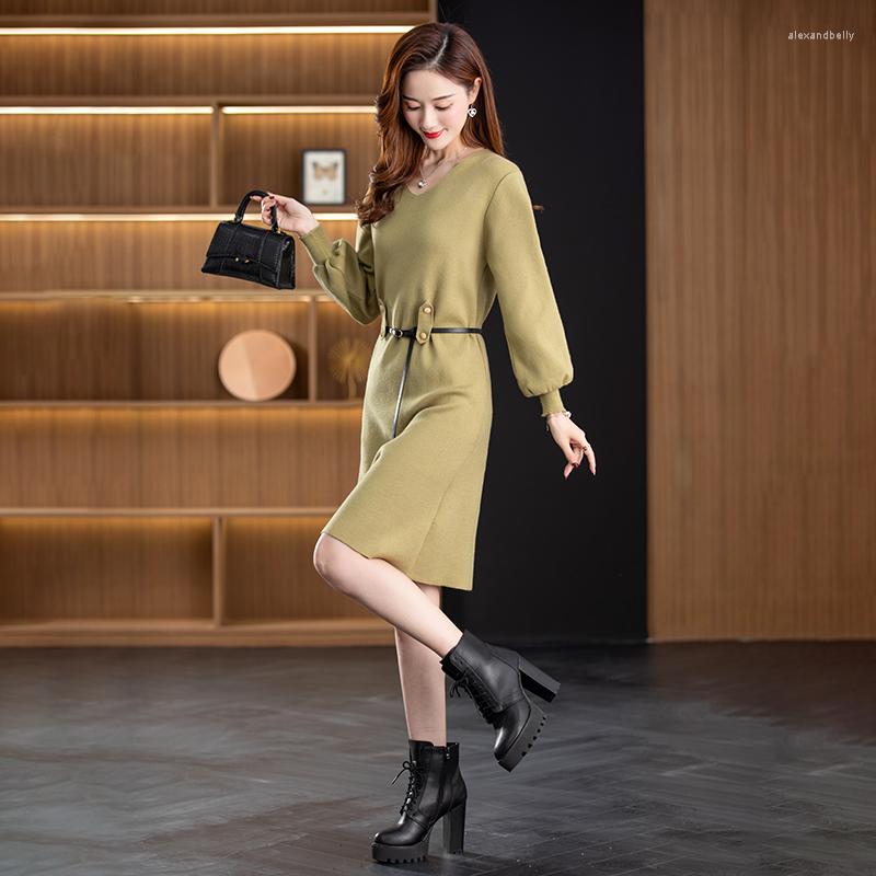 

Casual Dresses Japanese V Neck Solid Color Long Sleeve Sweater Dress Women Robe Elegan Lace Up Slim Waist Knit Autumn Vestidos De Mujer, Green