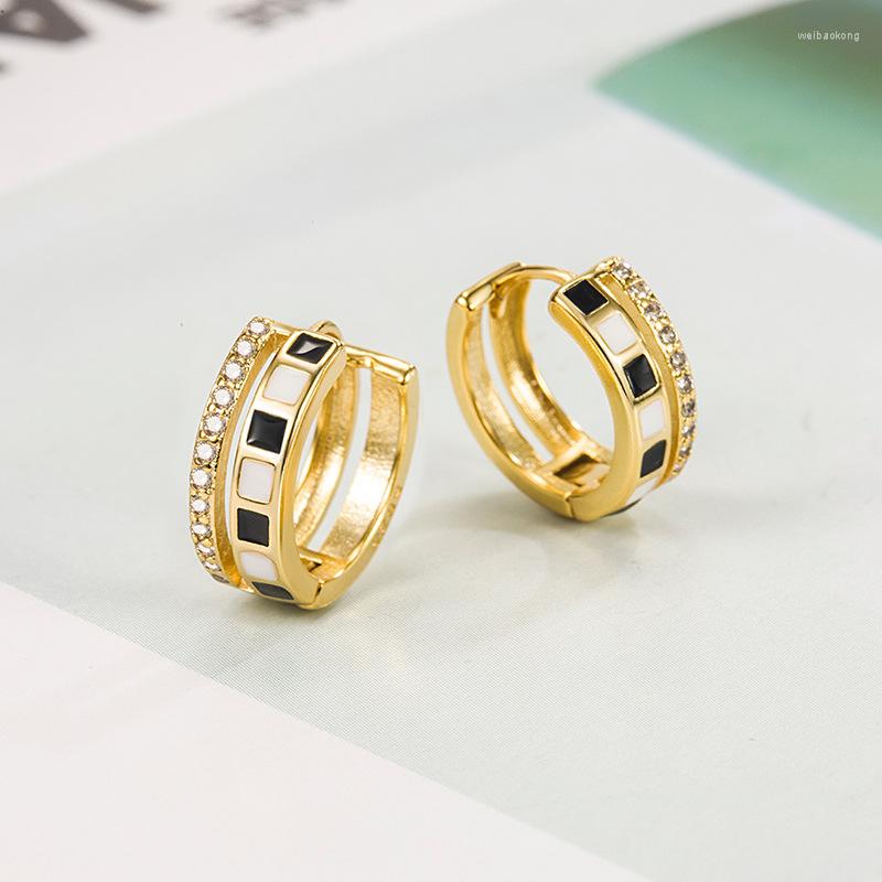

Hoop Earrings Women's Fashion Charm Black/White Lattice Epoxy Crystal Round Circle Huggie Female Trendy Earring Jewelry Gift