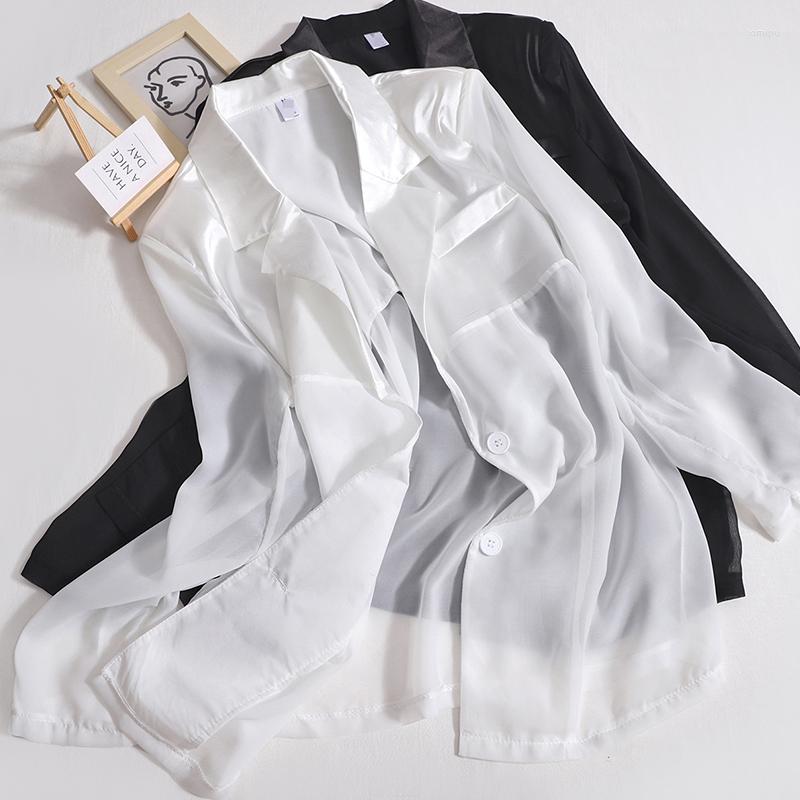 

Women's Blouses Korejepo Sunscreen Blazer Coat Women's 2023 Summer Chiffon Splice Glossy Thin Tops Versatile Casual Drop Top Fashion, Black