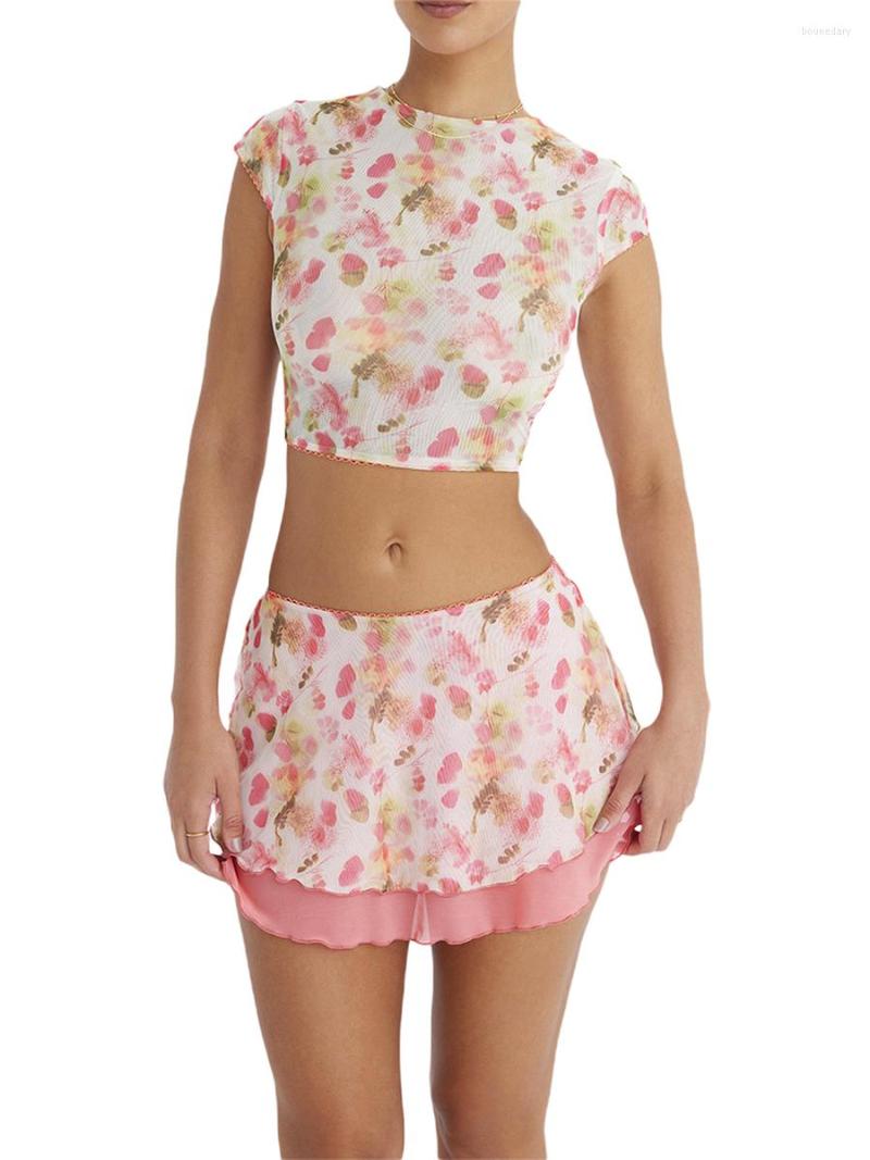

Two Piece Dress Women Skirt Set Flower Print Short Sleeve Crew Neck T-shirt With Low Waist Mini Party Clubwear, Mixed color