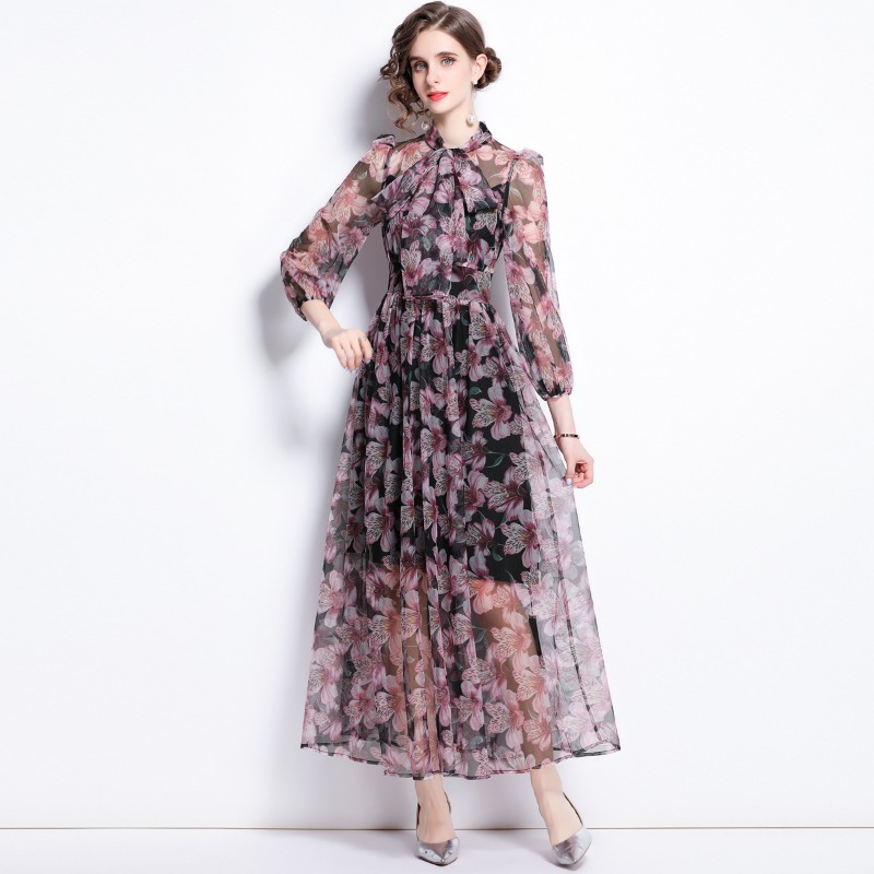 

Women' Chiffon Dress - Basic & Casual Dresses, Square Neck, Long Puff Sleeve, Floral Print, Mid-Calf Length - Sizes , L, XL, XXL, As the picture