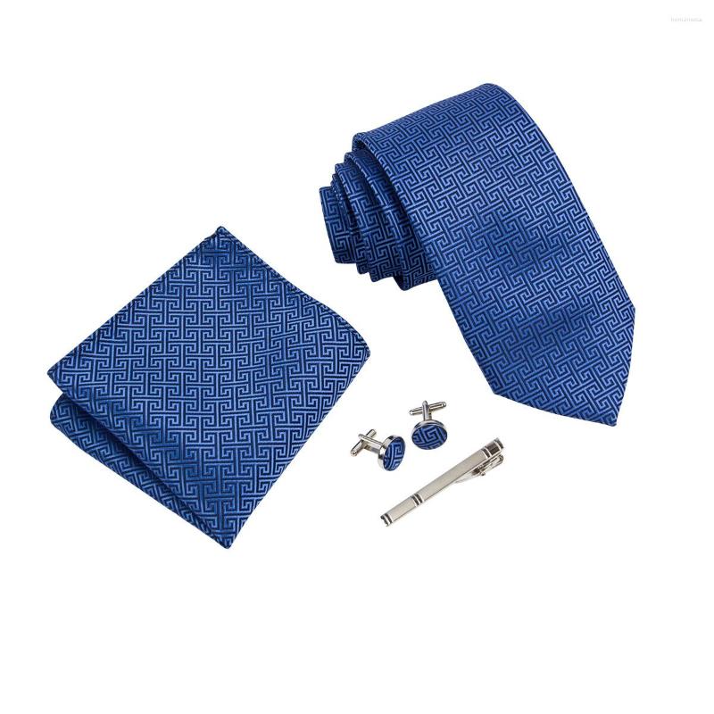 

Bow Ties Ikepeibao Men Blue Checked Plaid Necktie Sets Pocket Square With Metal Cufflinks Clip Silver Black Shirt Accessories Fit Wedding