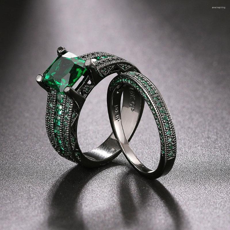 

Cluster Rings High-grade Green Crystal Square Zircon Women's Ring Set High-quality 6mm Cubic Zirconia Black Gold Party