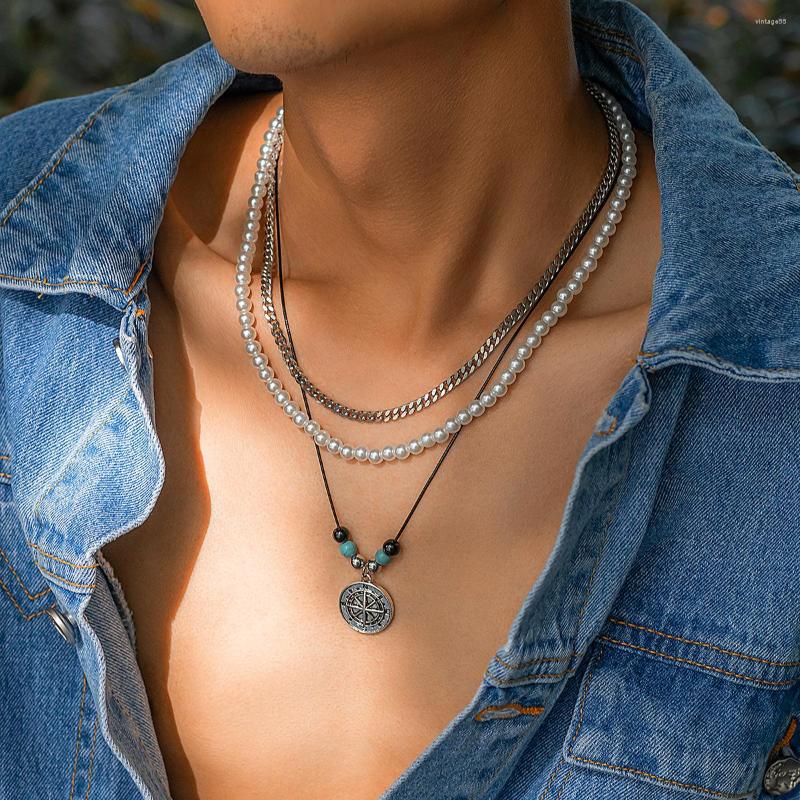 

Choker Multi-layer Compass Pearl Necklace For Women Man Teens Trendy Punk Hip Hop Simple Turquoise Chain
