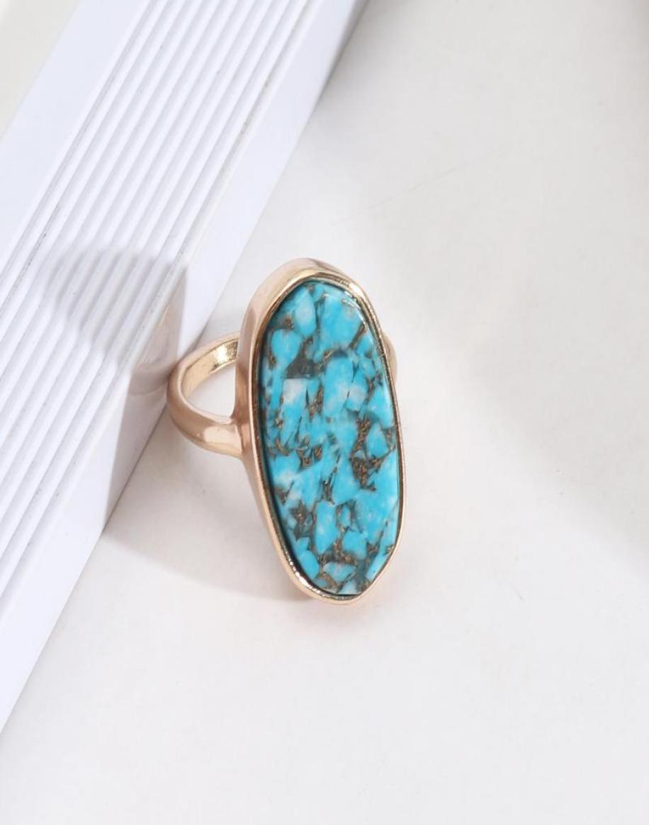 

Cluster Rings Fashion Oval Hexagon Kallaite Healing Crystal Blue Stone Ring Geometric Gold Plated Finger For Women Jewelry Gift2784287