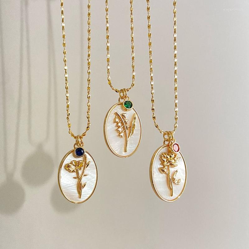 

Pendant Necklaces 2023 Gold Color Birth Flower Necklace Birthstone Charms White Natural Shell Oval For Women
