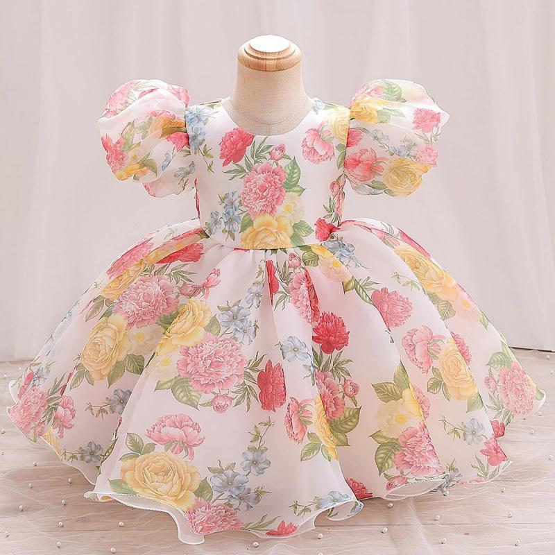 

Girl Dresses Toddler Baby Floral Print Dress Short Sleeve Party Costume Patchwork Tulle Bubble Girls, Yellow