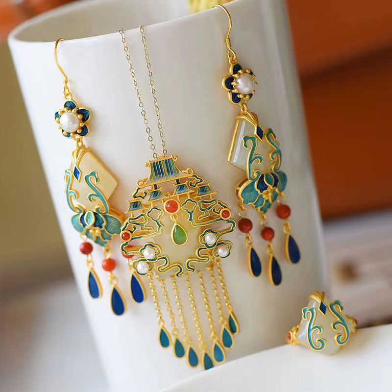 

Super Immortal South Heavenly Gate Set Sterling Silver Cloisonne Earrings Necklace Ring Retro Ethnic Style Girl Gives Mother