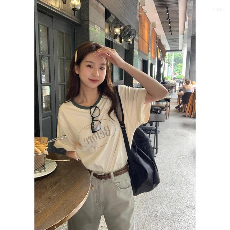 

Women's T Shirts Casual Letter Pattern T-Shirt For Women 2023 Summer Korean Round Neck Loose Short Sleeve 132Tz6659, Red