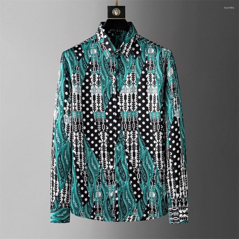 

Men's Casual Shirts 2023 Fashion Print Long Sleeve Loose High-quality Ice Silk Business Social Party Tuxedo Blouse Men Clothing, Green