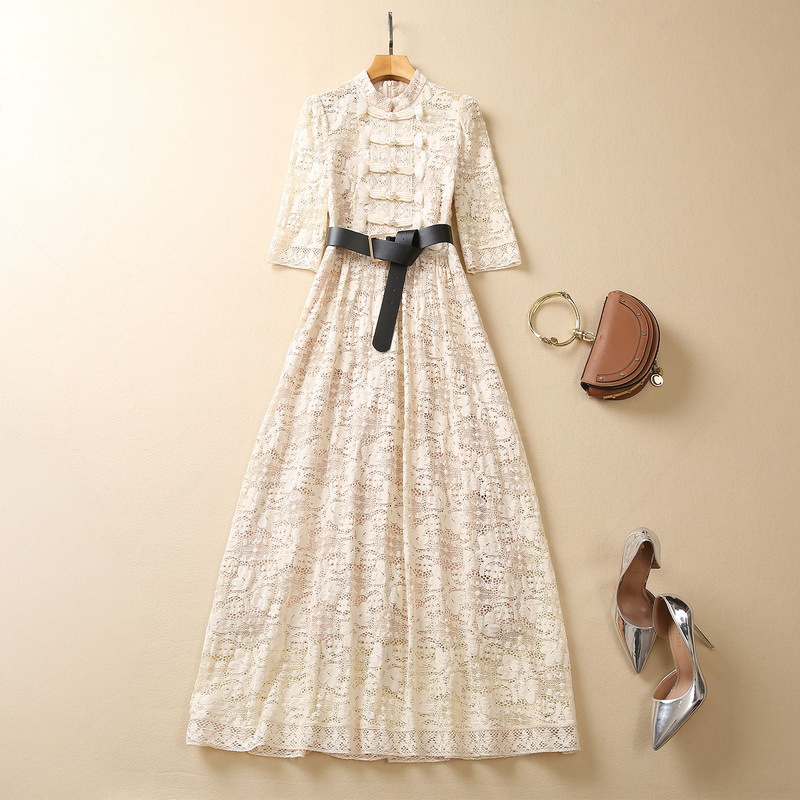 

European and American women's clothes 2023 summer new Five-point sleeve stand-up collar button fashion Lace Pleated Dress XXL, Black