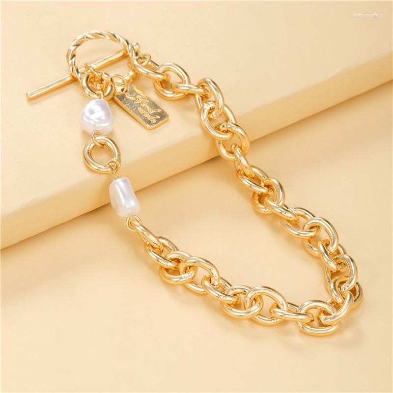 

Link Bracelets In Fashion Simple Design Retro Art Creative Personality Daily Thick Chain Large Pearl Pendant Bracelet For Women Jewelry