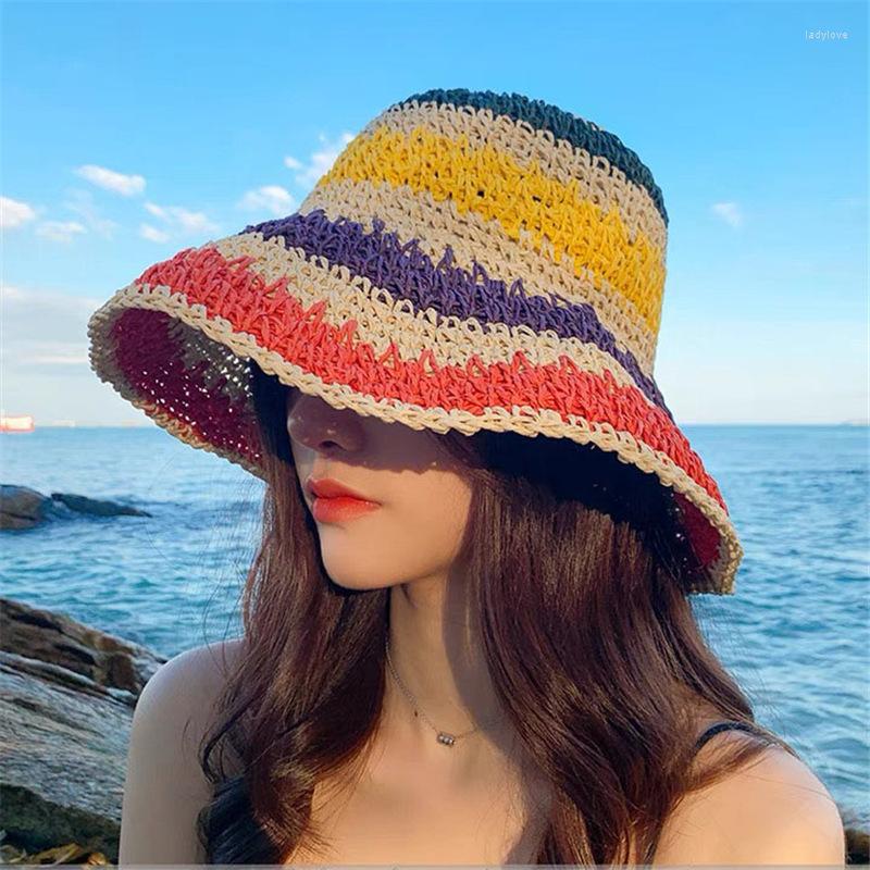 

Berets Summer Sun Straw Cap Handmade Rainbow Striped Crochet Beach Foldable Bucket Hat Women Bob Panama Travel Fishman, Khaki