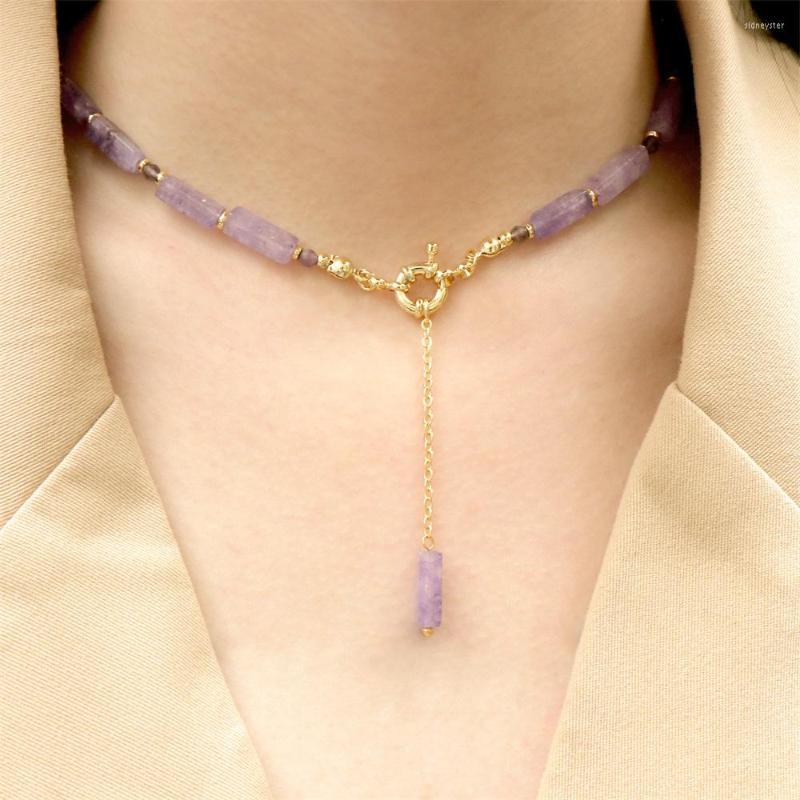 

Pendant Necklaces Handmade Boho Long Cuboid Natural Stone Necklace High-quality Gold-plated Copper Geometric Spring Buckle Metal Jewelry For