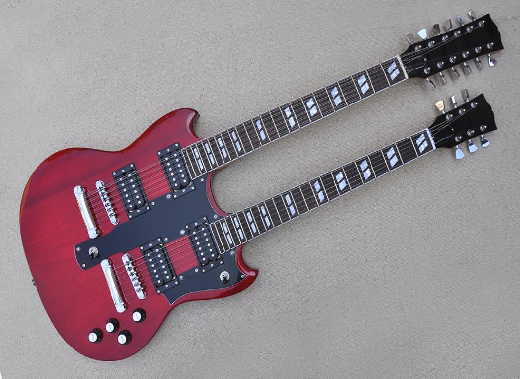 

Factory Custom Double Neck Electric Guitar transparent red 6 and 12 Strings Guitar Chrome Hardware Black Pickguard Offer Customize2827474