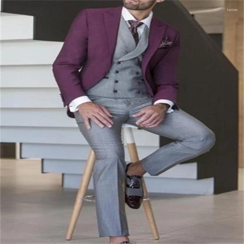 

Men's Suits High Quality 3-Piece Purplish Red And Grey Wedding Business (Coat Vest Pants) Lapel Formal Slim Sit Single Breasted Men's Su, Custom made
