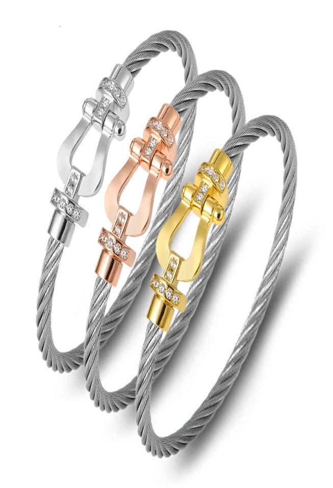 

Bangles Bracelets Fashion Bracelet Titanium Steel Wire Rope Magnetic Buckle Horseshoe Half Brick Ushaped Head Micro Inlaid5571349
