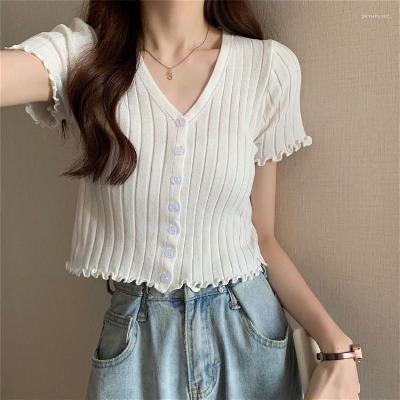 

Women' Knits Short Korean Y2K T Shirts Party Harajuku Tee Basic Sweet Female Streetwear Women Clothes Button Butterfly Sleeve Ins Casual, Sky blue